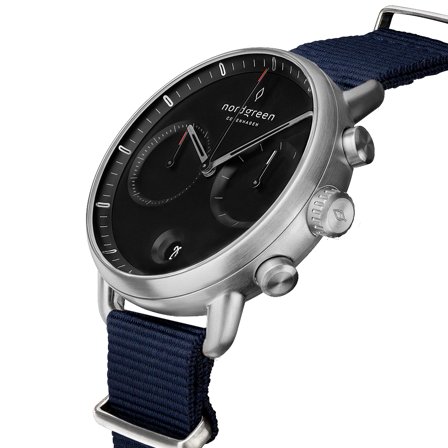 Nordgreen Men's Scandinavian Wrist Watch - Silver Case - Black Dial - Navy Nylon Watch Strap Pioneer White Dial Chronograph