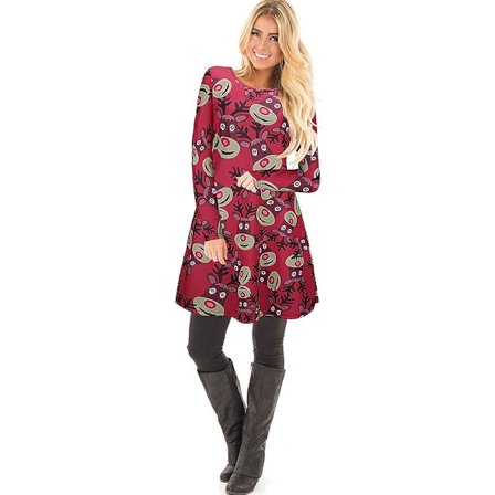 Festlig julekjole med morsomme mønstre for kvinner, minikjoleantrekk (M)