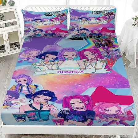 K-POP Demon Hunters Sängkläder Set, Dra-på-lakan Set med Två Örngott, Anime Sovrum Set 152×203cm wx0915100
