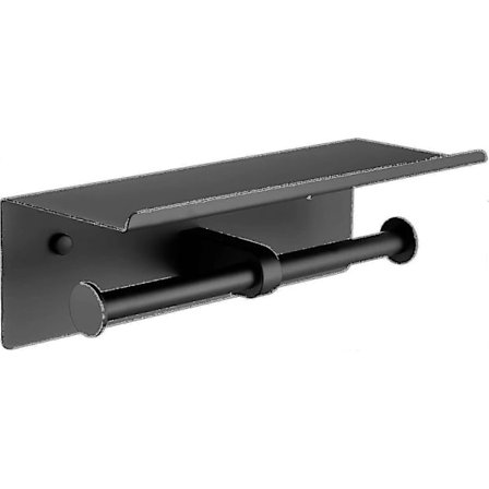 Musta WC-paperiteline kahdelle rullalle, jossa on kaksinkertainen hylly seinälle asennettava rullateline ruostumattomasta teräksestä