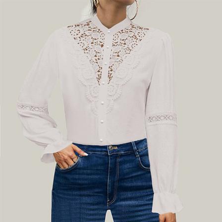 Damer Button Down Enfärgad Tunika Skjorta Spetsstickning Blus