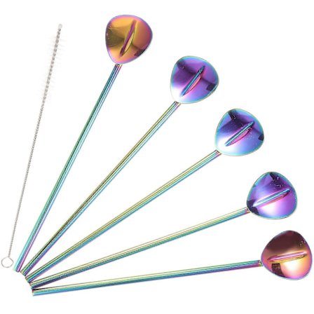 1 sæt ske-sugerør drikkesugerør metal drikke røreske med sugerørsrensebørste (Fww)