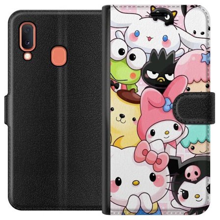 Kompatibelt Lommeboketui til Samsung Galaxy A20e Tett mønster av søte figurer med store øyne i ulike farger og uttrykk med LABUBU-tekst