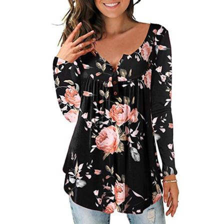 Kvinnor Långärmad Blus Print Plisserade Toppar V-hals Lös Skjorta