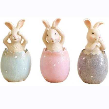 Sæt med 3 oplyste påskehareæg-pynt, lyt, se, tal, ikke ond påskeharestatue, bordpladeharpiksstatue midtpunkt