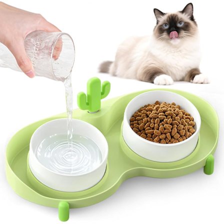 Keramisk kattesætskål - Knurhår-venlig anti-opkast, silikone dåseåbner, spildfri mad- og vandskål til katte og små hunde