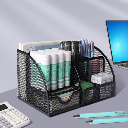 Kreativ multifunksjonell tre-rutenett oppbevaringsboks skrivebordsstasjonær oppbevaringsboks gjennomsiktig jernnett svart metall pennholder