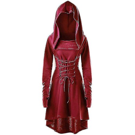 Retro Womens Solid Renaissance Medieval Costume Gothic Long Sleeve Lace Up Hooded Dress -a