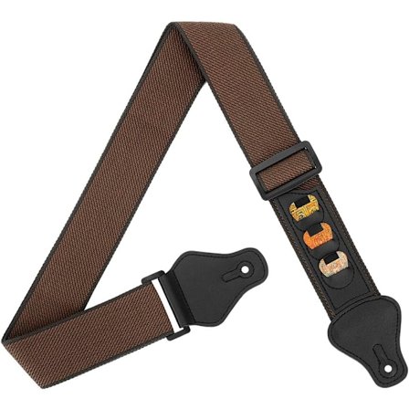 Kitarahihna, 100 % pehmeää puuvillahihnaa 3 plektranpidikkeellä, olkahihna bassolle, sähkö- ja akustiselle kitaralle (kahvi)