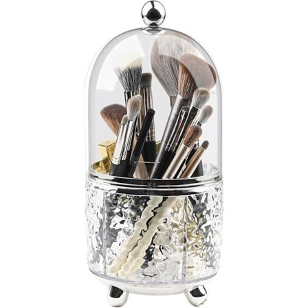 1 stk., Klar makeupbørsteholder med låg, kosmetisk værktøjsorganisator, 360 roterende makeupbørster, opbevaring til toiletbord, vandtæt og støvtæt