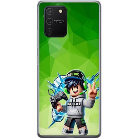 Kompatibelt Mobildeksel til Samsung Galaxy S10 Lite Roblox-inspirert gamerfigur med headset, håndkontroll og energiske effekter mot grønn bakgrunn