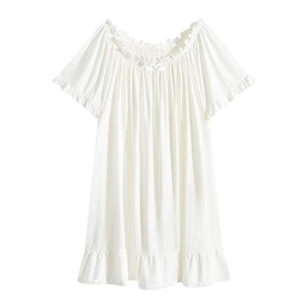 Kvinners bomullsnattkjole Vintage lett kjolesett Korte ermer Prinsessenattkjole (XL, Hvit)