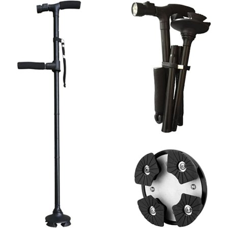 Sort - 1-delt sammenklappelig stok, LED-sammenklappelig stok, gåstok, ergonomisk gelhåndtag, nem at folde - Designet til mænd, kvinder, ældre.