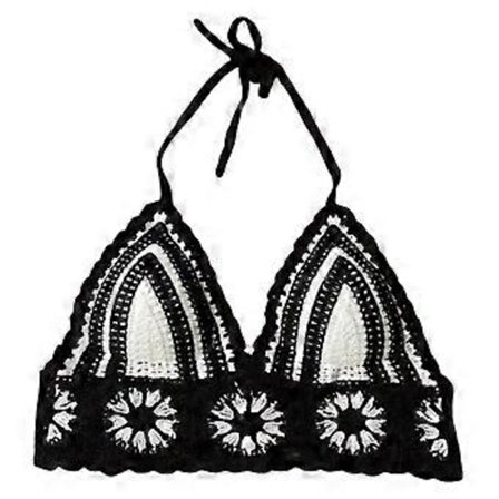 Dam Hål Ut Virkad Halterneck Rygglös Linne Väst Stickad Blomma Strand Bikini BH Bröst Vadderad Crop Top Svart (Svart)