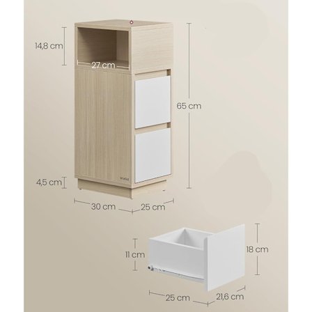 Smalt sengebord med 2 skuffer og et åbent rum - Beige/Hvid