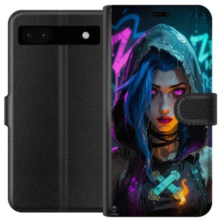 Kompatibelt Lommeboketui til Google Pixel 6a Neon jente hette cyberpunk glød graffiti lilla øyne vill futuristic gatekunst sterk holdning levende kara