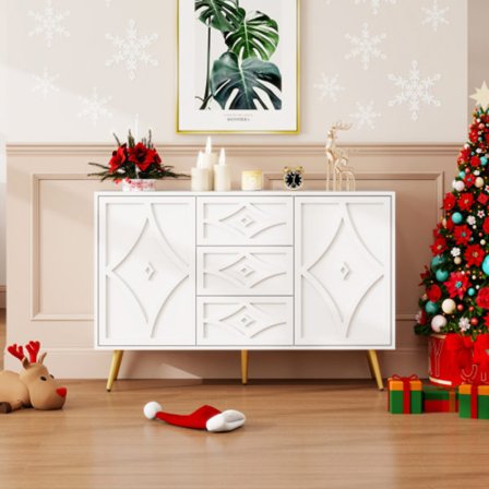 Byrå med diamantmönster och guldfötter, 3 lådor och 2 dörrar, 120x80cm, vit, elegant design för flera rum