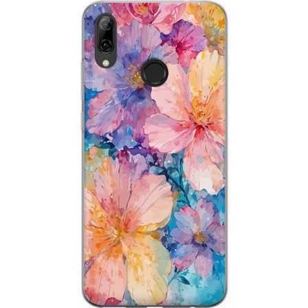 Yhteensopiva Puhelinkuori Huawei Huawei P smart 2019 Vesivärimaalaus suurilla kukilla vaaleanpunaisissa, sinisissä ja keltaisissa sävyissä pehmeä