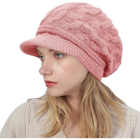 Strikket vinterlue for kvinner - Strikket vinterlue med fleecefôr Dame Beretlue Varm strikket ullue Peaked Baker Boy Hat med visir (rosa)