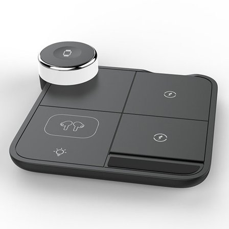 4-in-1 sisäänvedettävä langaton laturi 15W QC3.0 pikalataustelakka jalustalla ja 7 värin LED-valolla, yhteensopiva puhelimen, kuulokkeiden ja kellon 