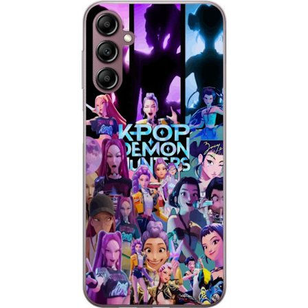 Yhteensopiva Puhelinkuori Samsung Galaxy A14 5G K-Pop Demon Hunters kollaasi, jossa on värikkäitä hahmoja anime-tyylillä ja futuristisella energialla