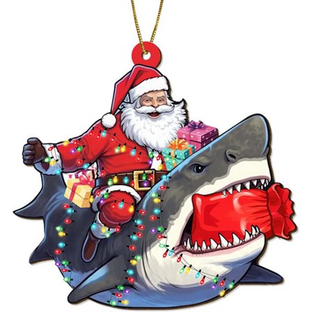 Julepynt - Juletræsophæng i træ - Julemand der rider på haj Julehjemindretning - Julepynt gaver - 2-sidet trykte ornamenter