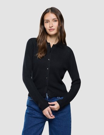 Shaping New Tomorrow - Dam - Women Structured Polo Long Sleeve - Black - Storlek M