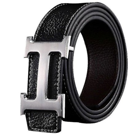 Ny Stil Business Fritid Ægte PU Læder H Glat Spænde Litchi Korn Bælte Til Mænd (FMY) Sort Sølv
