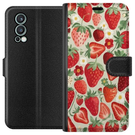 Kompatibel Tegnebogsetui til OnePlus Nord 2 5G Dekorativt mønster med røde jordbær, grønne blade og små blomster