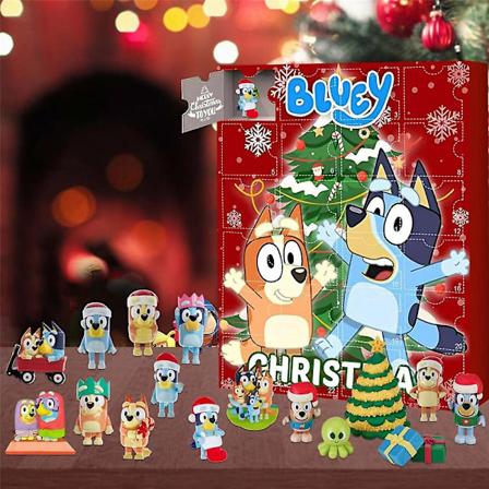 Julekalender 2023, 24 Dages Julekalender, 24 stk. Julehunde Bluey Figurer Dukke Juleferie Strømpestoffer Gave Blind A