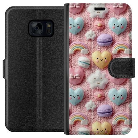 Yhteensopiva Lompakkokotelo Samsung Galaxy S7 Pastellimotiiivi sydämillä, pilvillä, sateenkaarilla ja makaronseilla vaaleanpunaisella taustalla sulois