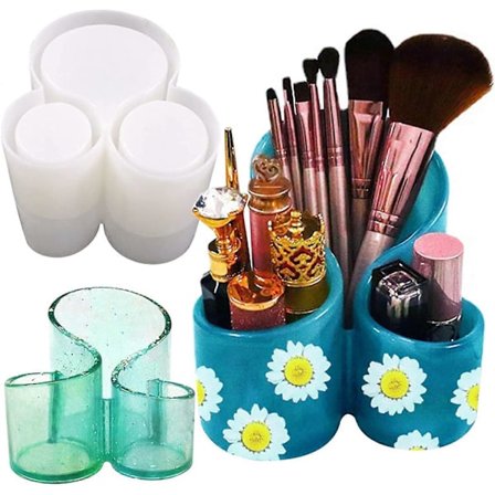 Hartsformar i Silikon för Förvaringslåda, Unik Sminkorganisatör Smyckesbehållare Epoxi Form med 3 Fack, Penn- och Borsthållare Form, Hartslera 