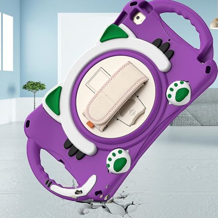 Kattdesignfodral för iPad Mini 1/2/3/4/5 med handrem, justerbart stativ, två handtag, fallskydd (lila)