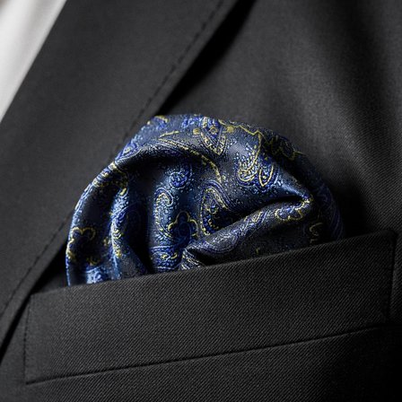Pañuelo de bolsillo de seda con estampado de cachemira azul claro y dorado para hombres - Pañuelos de bolsillo estampados
