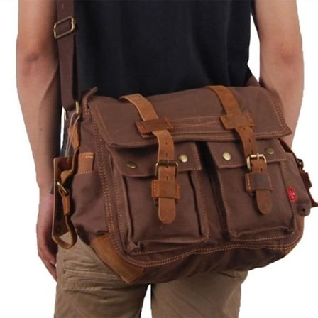 Stor Unisex Skulderveske i Canvas, Skolesekk, Messenger Bag med Flere Lommer, Kaffefarge