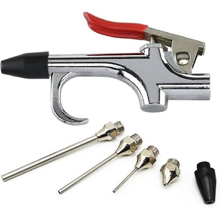 Blæsepistol i metal til trykluft med 4 forlængertips/dyser til trykluft. Kan hurtigt tilsluttes for at blæse støv, snavs, rester og pulver væk.
