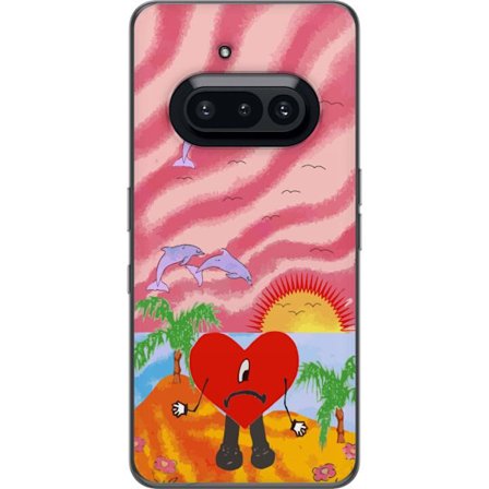 Kompatibelt Mobildeksel til Nothing Phone (3a) Bad Bunny i en fargerik quiltet jakke med hjertemønster og solbriller i moderne gatestil