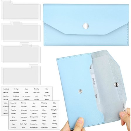 PU Lær Lommebok med Kontantkonvolutter - 8 Gjenbrukbare Budsjett Dividere + 2 Kategori Klistremerkeark, Kompakt Bill Planner Organlzer (Blå Klasse)