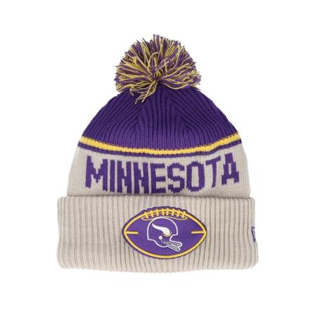 New Era - NFL Beige pom Bonnet - Minnesota Vikings NFL24 Sideline His Sportknit Stone/Purple Pom @ Hatstore