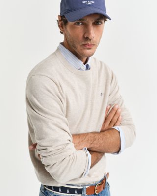 GANT - Klassisk bomullsgenser med rund hals til herre light beige melange