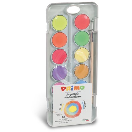 Primo Aquarelle Lot de 12 Fluo+Metallic Ø30 + pinceau