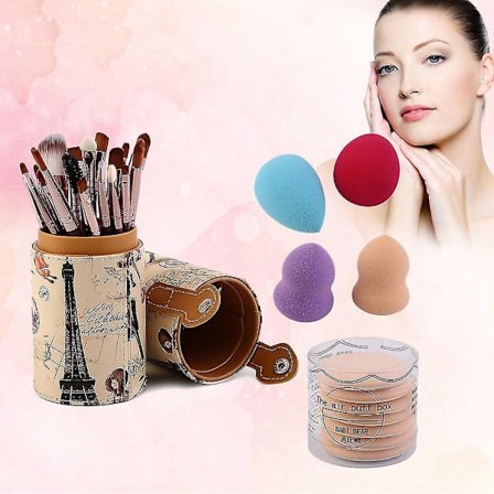 Sminkesett for kvinner med 20 børster, 4 pudderpuf og beholder