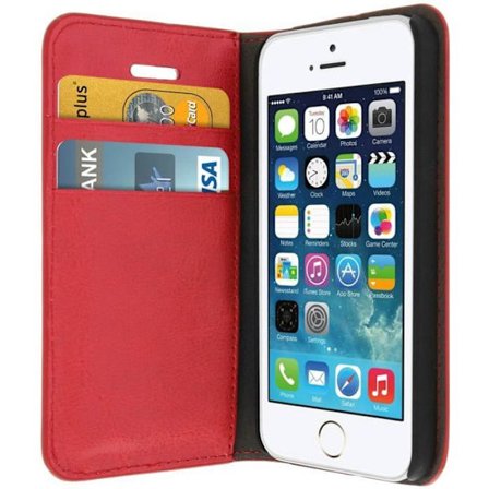 iPhone 5/5S/SE-fodral - Äkta läder - Röd - Stödfunktion - Kortfack - Hårt skal