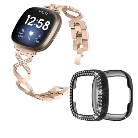 Fitbit Sense / Versa 3 X-formad med strassdekorerat klockarmband med svart fodral - Guld