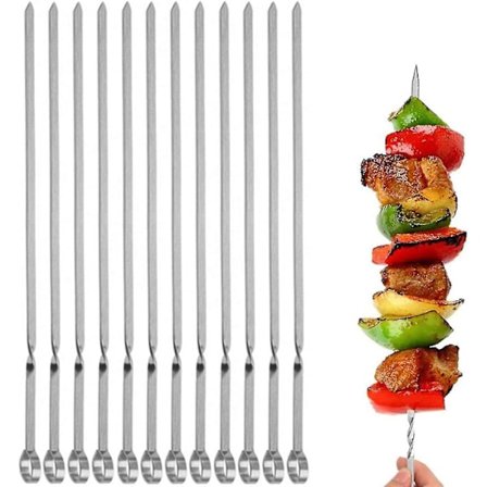 12 st Kabobspett, platta metallgrillspett 14 tum Långa pinnar i rostfritt stål Återanvändbara grillspett set, 12 st