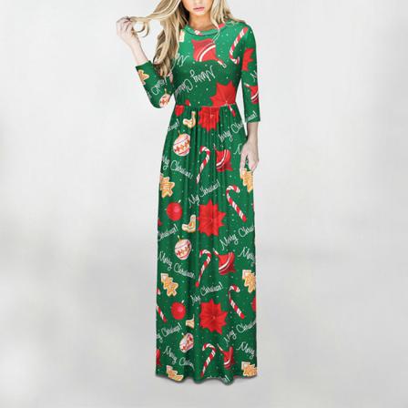 Kvinnor Långärmad Crew Neck Xmas Long Dress Swing Maxiklänningar