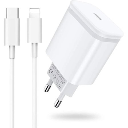 Strømadapter - USB-C - 20W - Hurtigopladning PD 3.0 - Kabel 2M - Kompatibel med iPhone 13