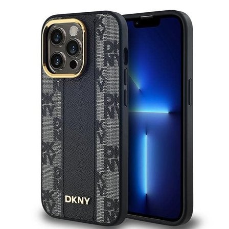 DKNY Nahka Checkered Mono Pattern MagSafe Case for iPhone 14 Pro Max - Musta
