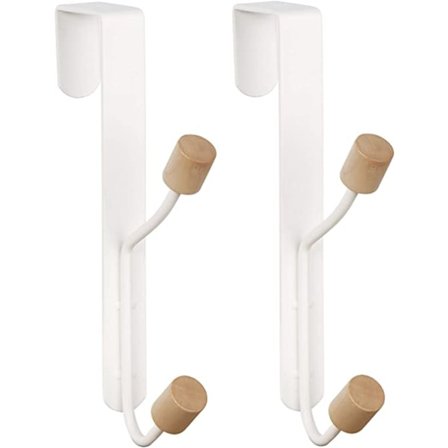 2 dørkroker - hvite, robuste metall- og trekroker for å henge frakk