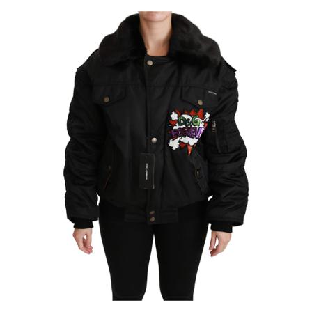 Dolce & Gabbana, Queen Crown Sequined Bomber Jacket Czarny, Kobieta, Rozmiar: 3XS